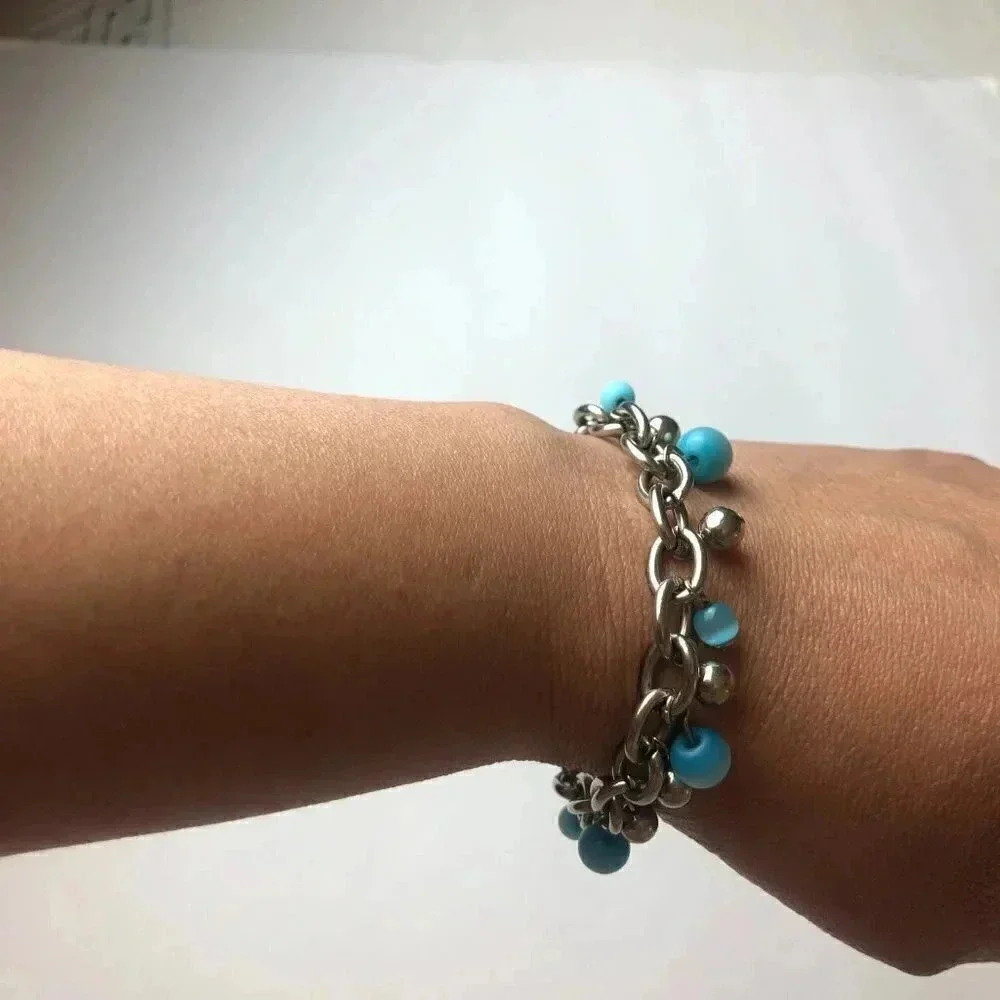 Blue Moonstone Beaded Bracelet Silver Cable Link 7-3/4" - Picture 3 of 5